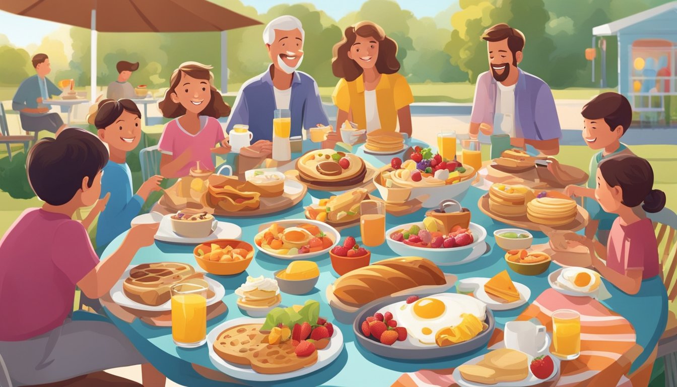 A colorful array of breakfast items spread out on a table, with families and individuals of different ages enjoying the food in a cheerful outdoor setting