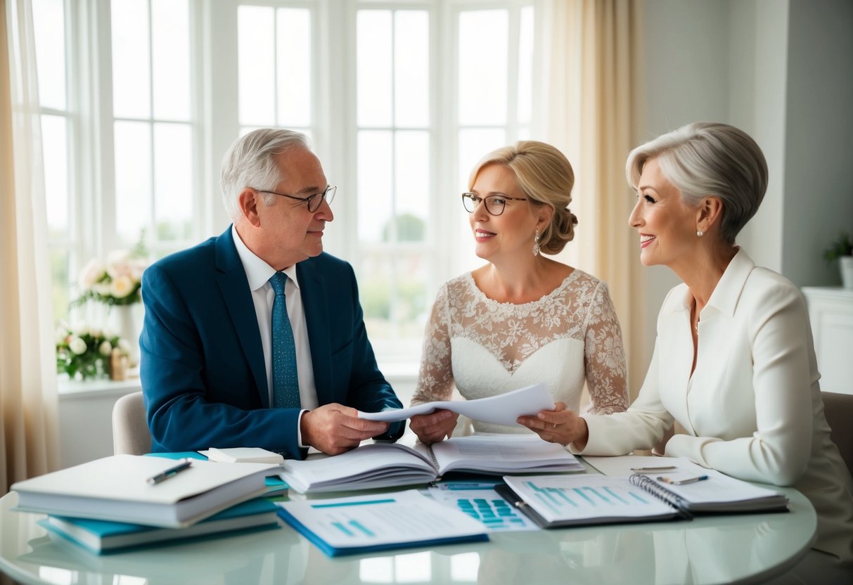 A bride's parents sitting at a table, surrounded by wedding planning books and financial documents, discussing wedding expenses and financing options