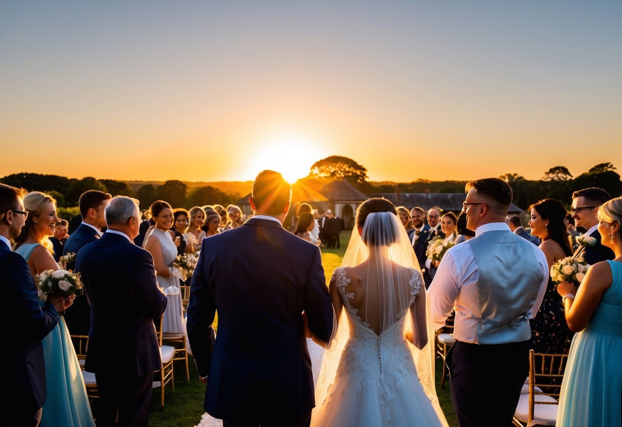 The sun sets behind a picturesque wedding venue, casting a warm glow over the newlyweds and their guests as they bid farewell