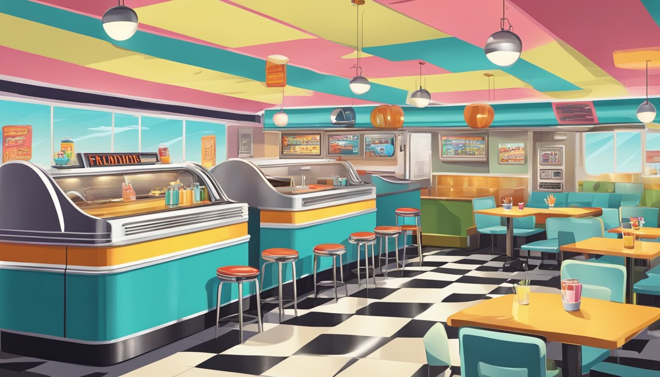 A colorful diner scene with a classic jukebox, retro booths, and a variety of breakfast dishes appealing to different age groups