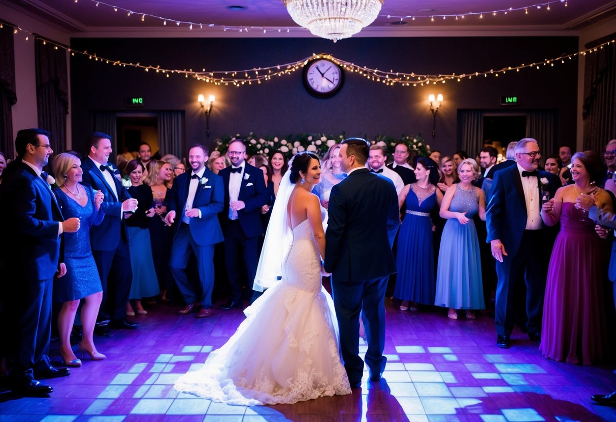 A bride and groom stand at the center of a crowded dance floor, surrounded by guests in formal attire. The room is dimly lit, with twinkling lights and floral decorations. The clock on the wall shows that it is just past midnight