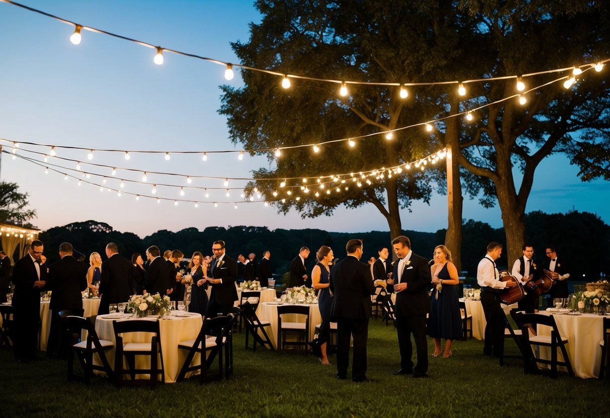 Guests mingle under twinkling lights as the sun sets. Staff clear tables and musicians begin to pack up their instruments. A sense of contentment fills the air as the wedding day comes to a close