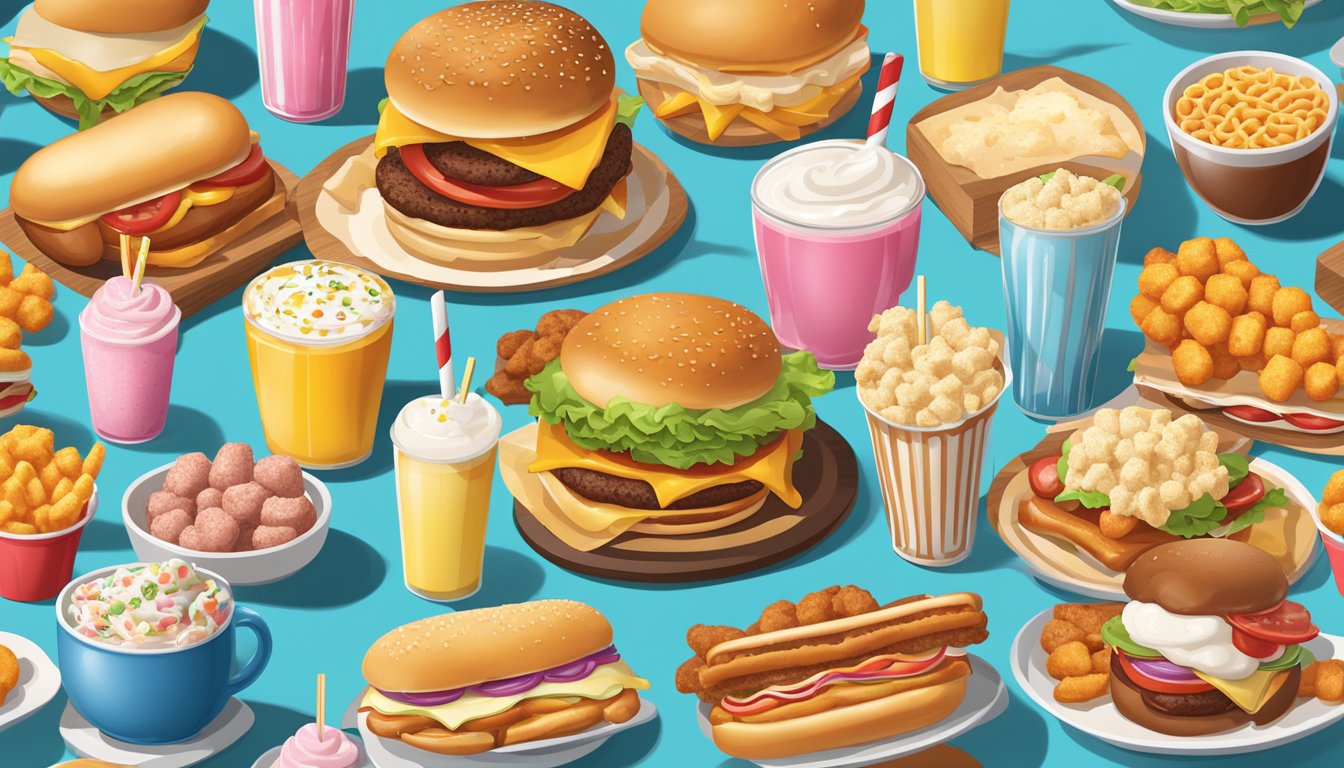 A colorful display of classic American breakfast items, including burgers, hot dogs, and tater tots, alongside a variety of milkshakes and slushies