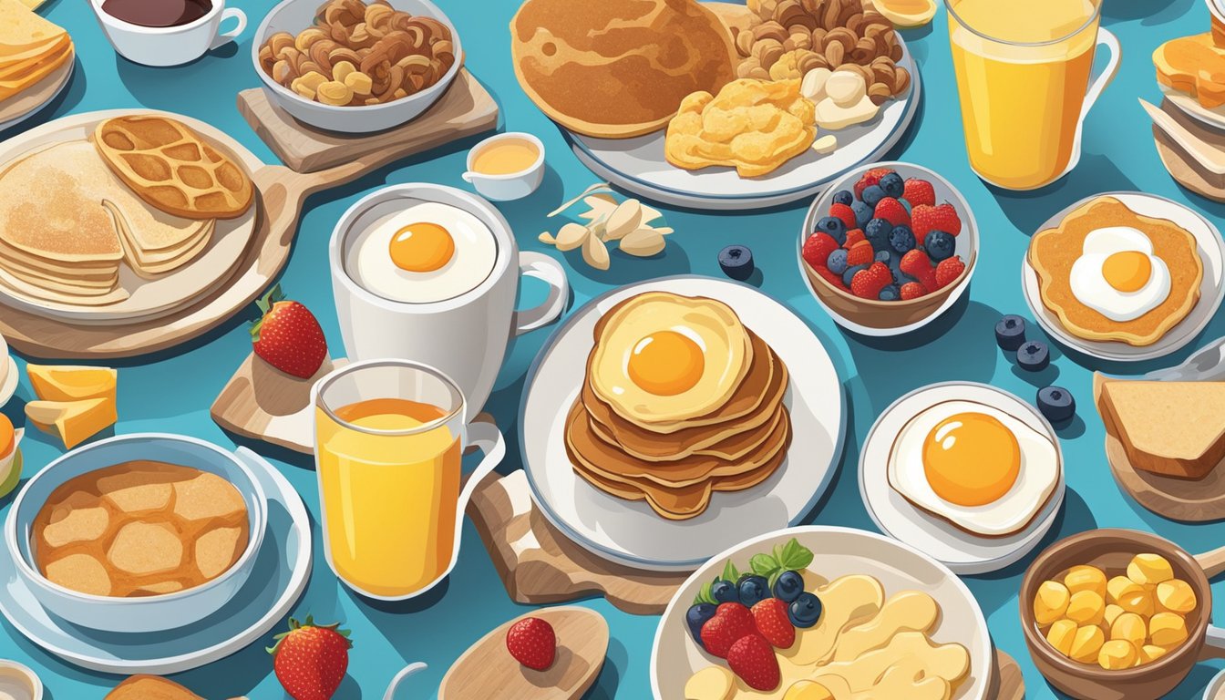 A colorful spread of breakfast items, including cartoon-shaped pancakes, fruit skewers, and cereal bowls, appeals to children. Meanwhile, a plate of eggs, toast, and coffee caters to adults