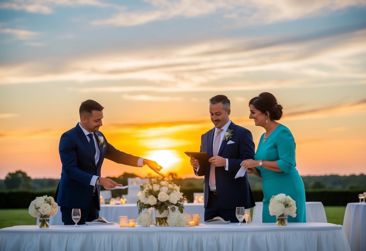 A wedding planner and venue coordinator finalize details as the sun sets behind the elegant reception hall