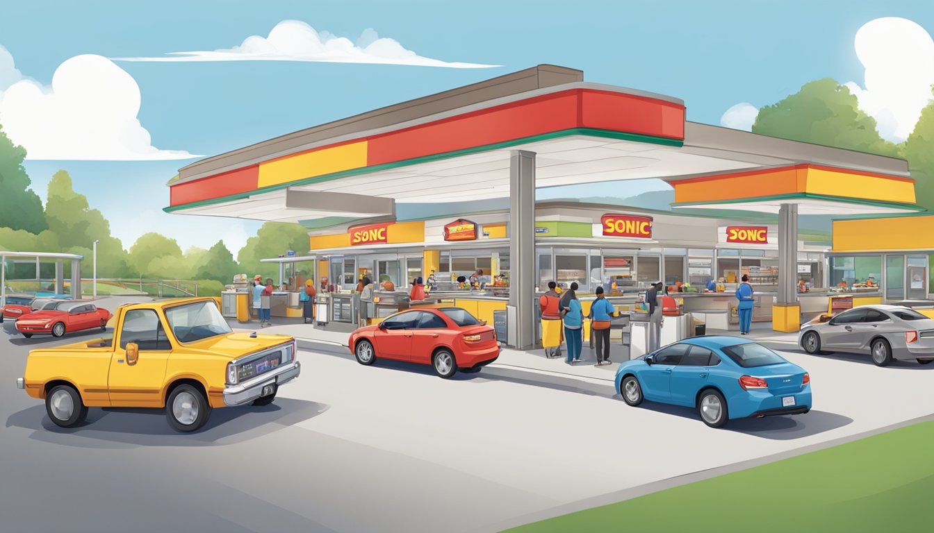 A busy drive-thru with cars of all types and ages lined up, while employees swiftly serve breakfast items to customers at Sonic