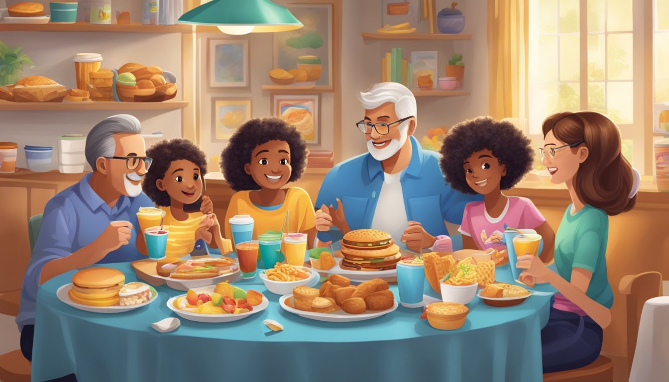 A family enjoying a variety of Sonic breakfast items at a table, with a diverse group of people of different ages and backgrounds showing interest in the promotions and deals