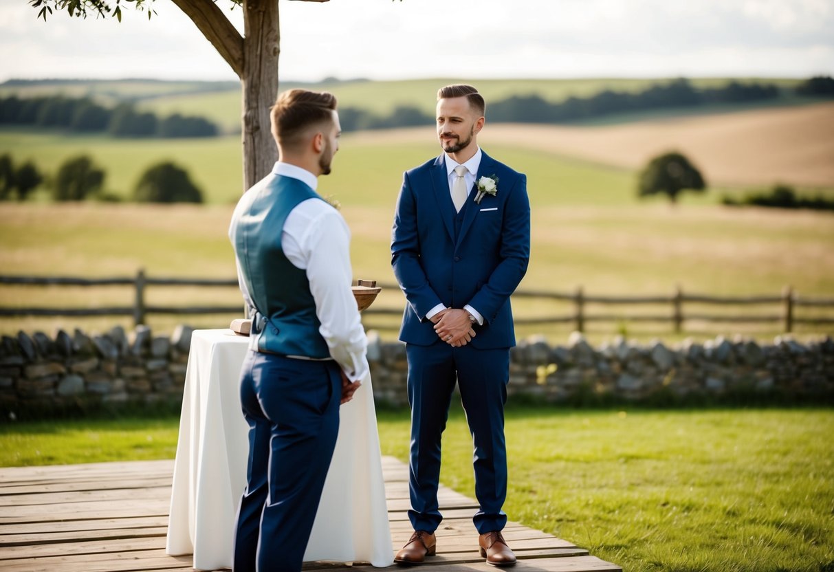 A groom stands on the right side of a rustic altar, facing the open countryside with a calm and confident demeanor