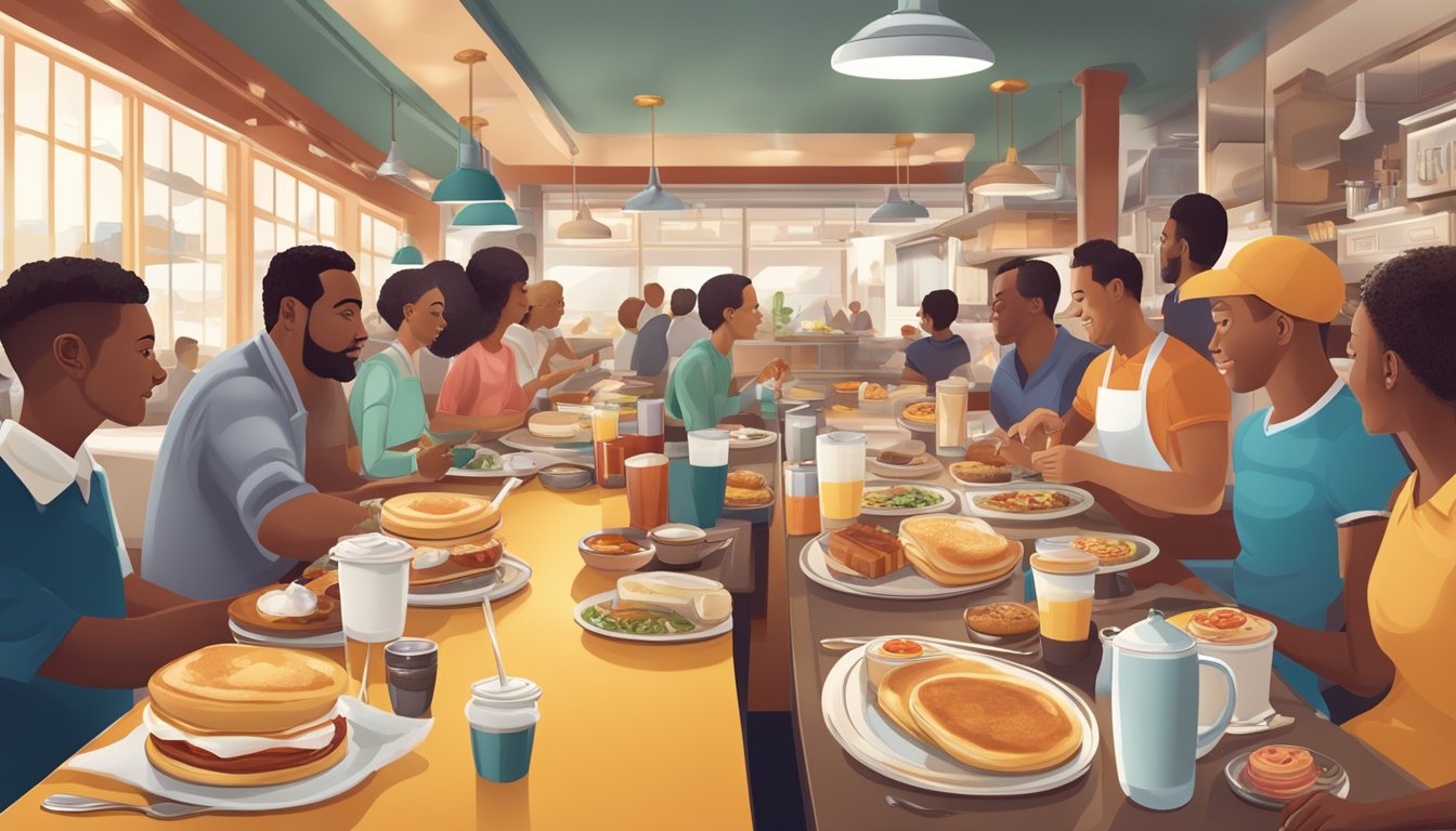 A bustling diner with a diverse crowd enjoying classic American breakfast dishes, from pancakes to eggs and bacon, with a touch of customization options on the menu