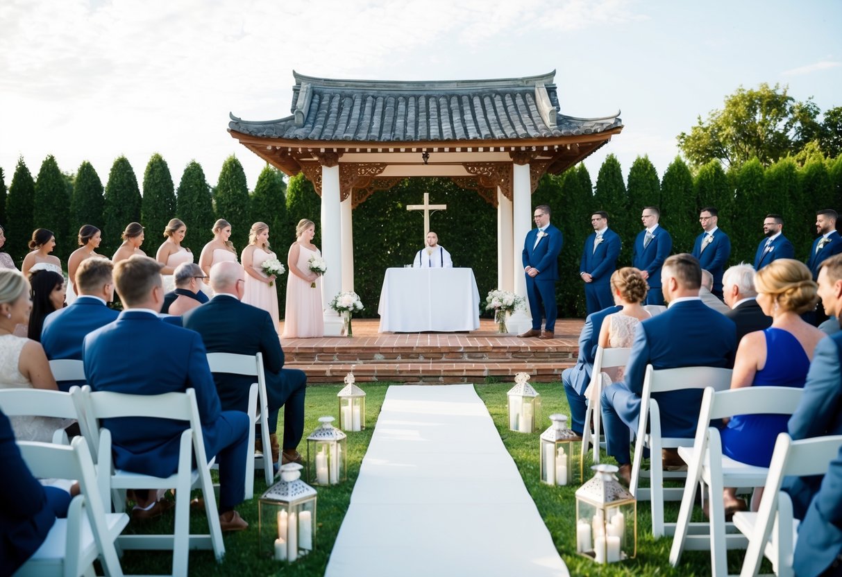 An outdoor wedding ceremony with a traditional altar structure and seating layout, with the groom positioned on the right side
