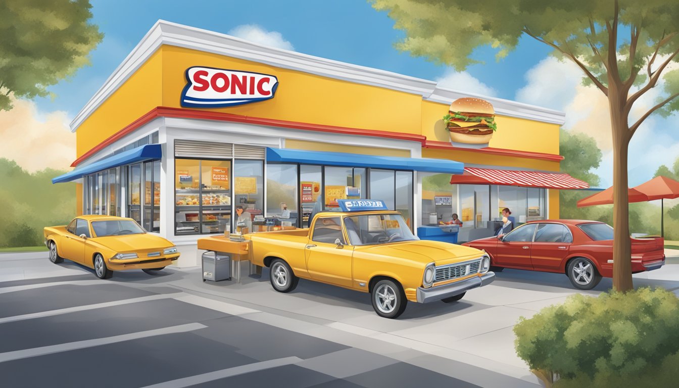 A bustling Sonic drive-thru with a variety of breakfast items displayed on a menu board, showcasing the American food culture of fast and convenient dining