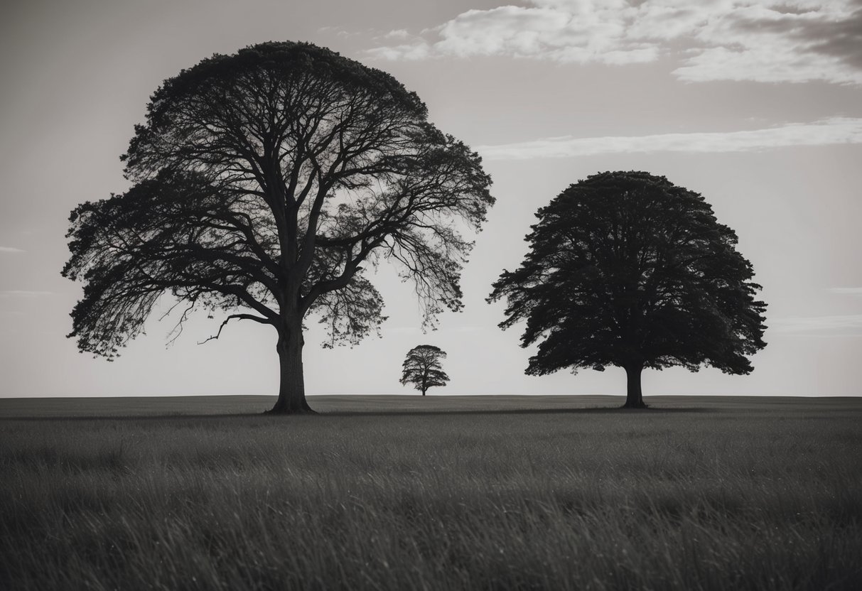 A lone tree stands tall in a vast, open field, its branches intertwined with another tree, symbolizing the strength and unity of marriage