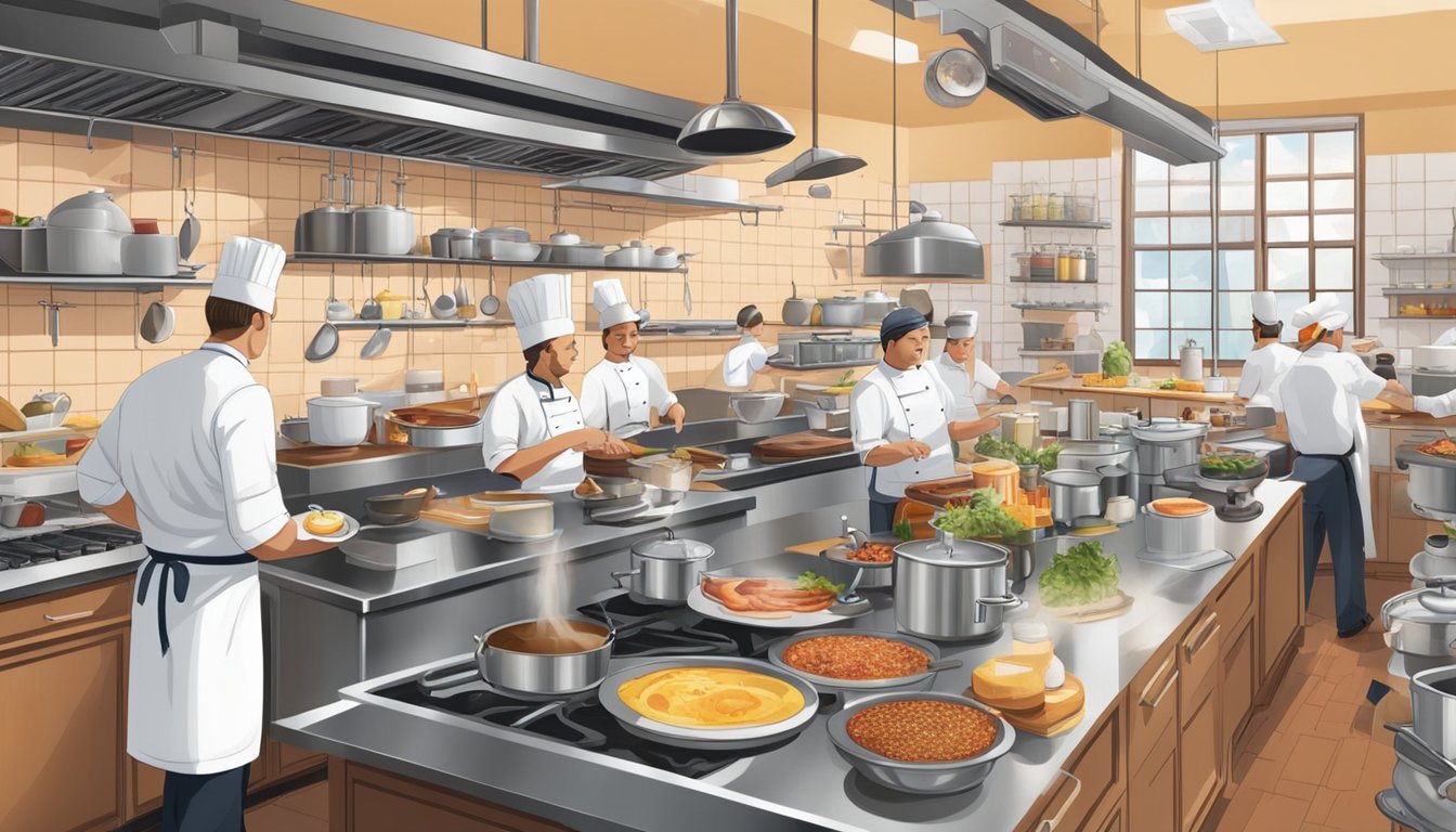 A bustling kitchen with chefs creating and experimenting with a variety of breakfast dishes. Ingredients and cooking equipment fill the space, while the aroma of sizzling bacon and brewing coffee fills the air