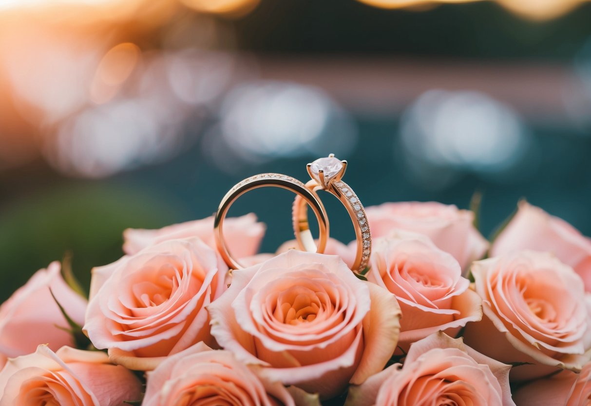 A pair of interlocking wedding rings resting on a bed of roses