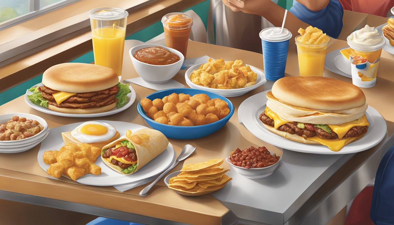 A bustling breakfast scene at Sonic with a variety of food items on the menu, including breakfast burritos, sandwiches, and pancakes