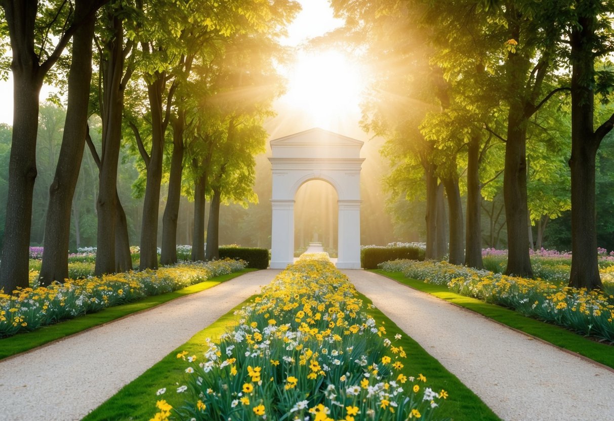 A flower-strewn path leads to a bright archway, flanked by tall trees and soft sunlight filtering through the leaves