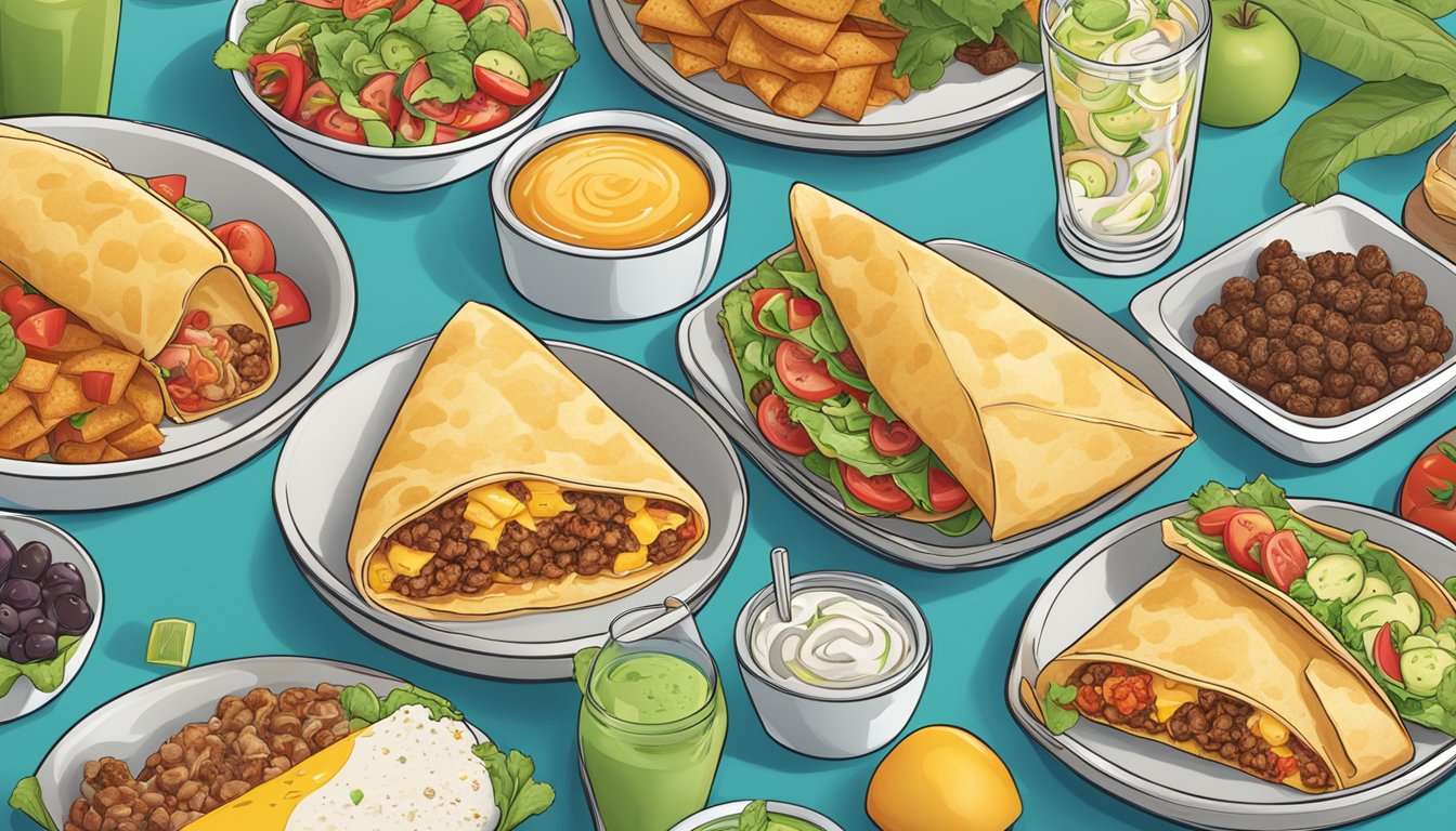 A colorful array of breakfast burritos surrounded by fresh ingredients and nutritional facts, with futuristic elements hinting at the potential evolution of Sonic's breakfast menu