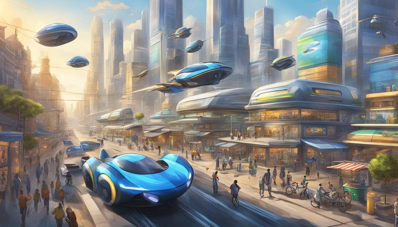 A bustling futuristic cityscape with flying vehicles delivering Sonic's breakfast beverages to people on the go