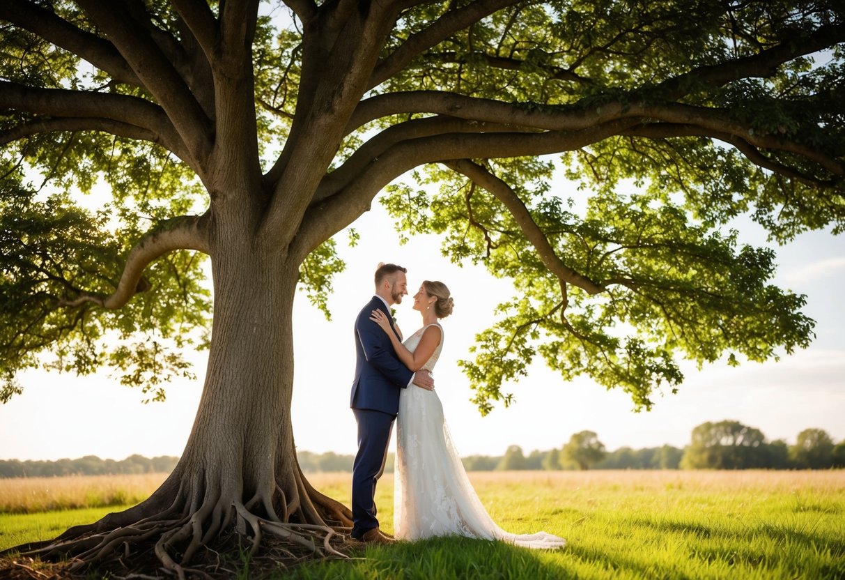 A couple standing together under a tree, their intertwined roots symbolizing the strength and resilience of a lasting marriage