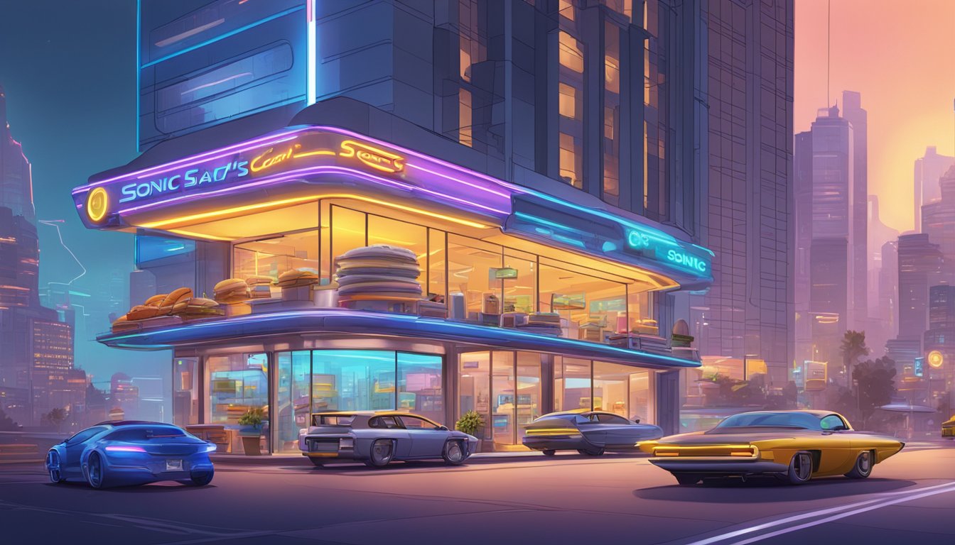 A futuristic cityscape with flying cars and neon-lit Sonic's Breakfast Sandwiches storefront