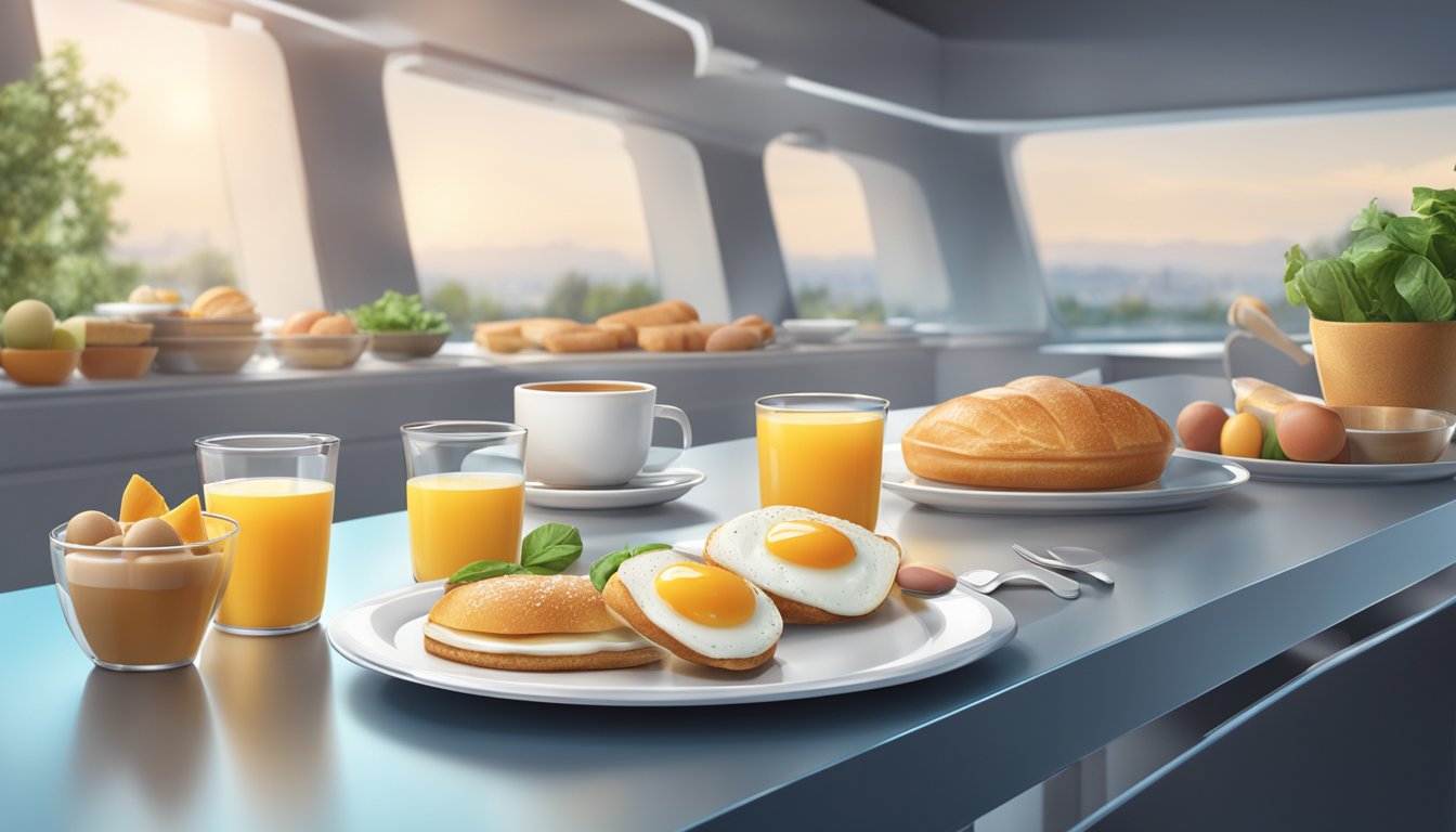 A futuristic breakfast scene with advanced technology and fresh, high-quality ingredients displayed in a sleek, modern setting