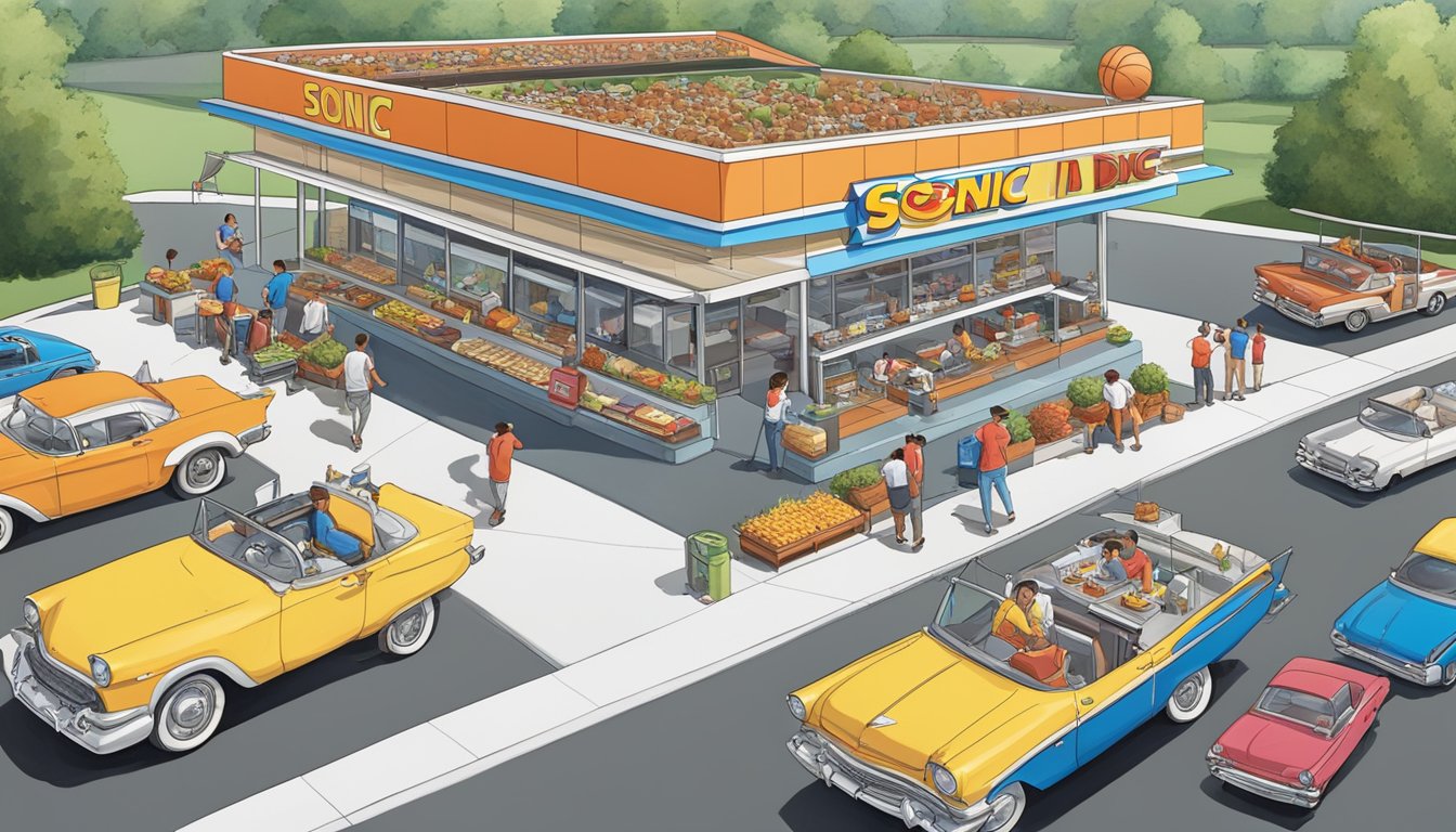 A bustling Sonic Drive-In with a line of cars, surrounded by a local sports field and fans enjoying breakfast items