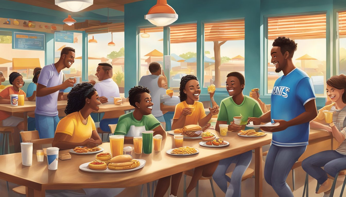 A group of locals gather around a table at Sonic, enjoying breakfast items while discussing the latest sports events, creating a lively and communal atmosphere