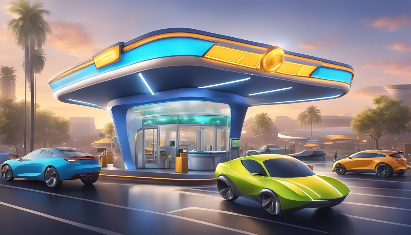 A futuristic Sonic drive-thru with advanced technology and streamlined design, surrounded by bustling morning traffic