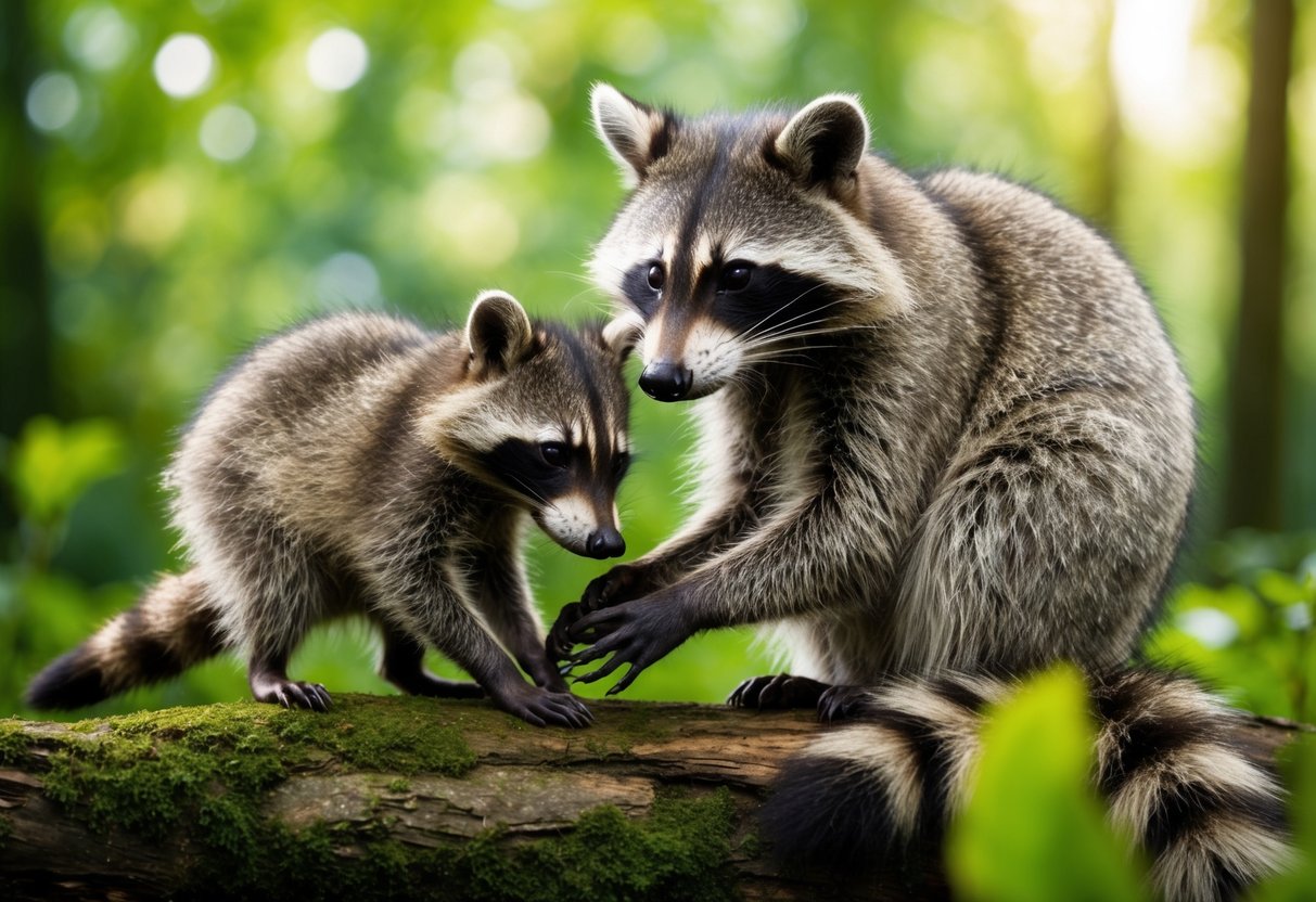 A raccoon mother grooming her young in a lush forest setting