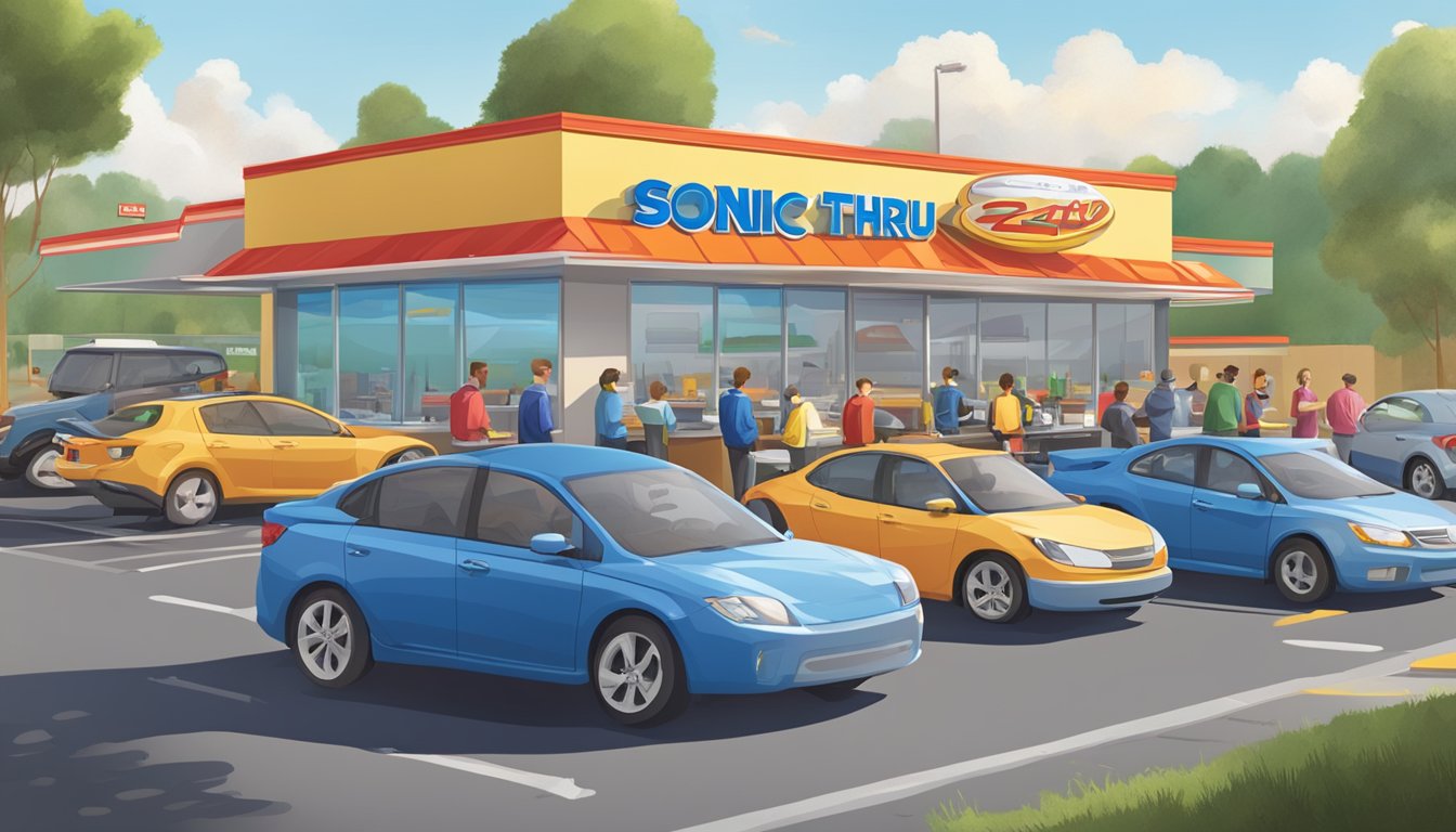 A bustling 24-hour Sonic drive-thru with breakfast items prominently displayed, as cars line up for extended breakfast service