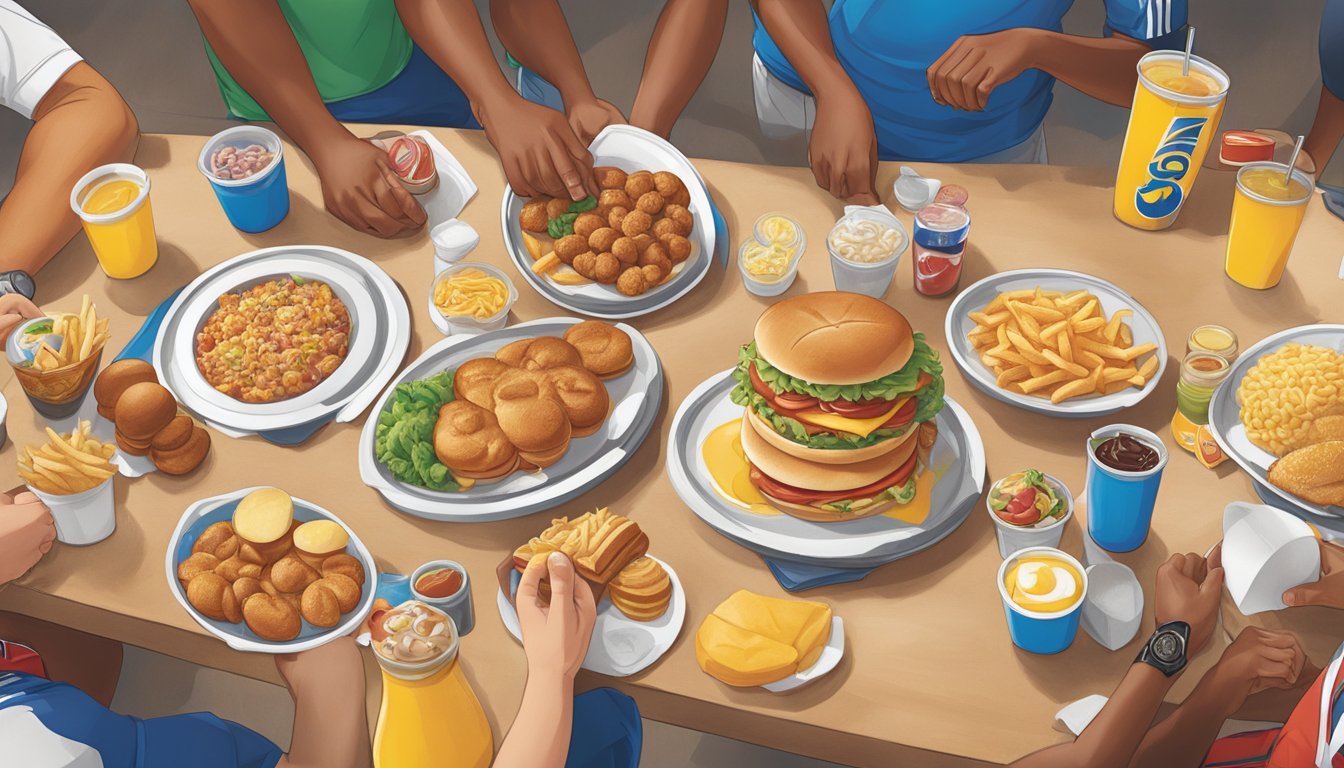 A group of athletes gather around a table filled with customizable breakfast options from Sonic, showcasing the role of the fast-food chain in local sports culture