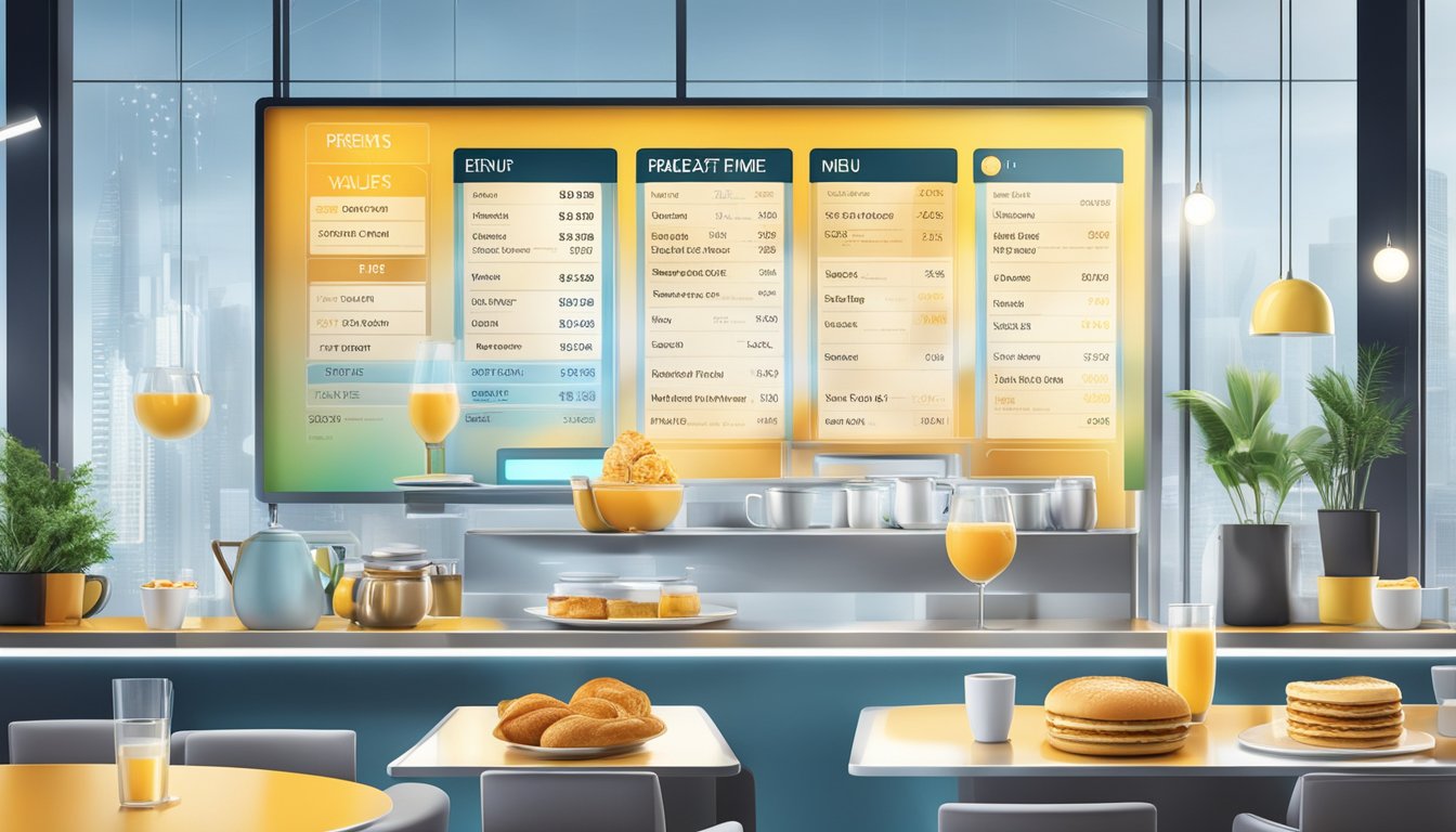 A futuristic breakfast menu with pricing information and value deals displayed on a digital screen, surrounded by sleek and modern decor