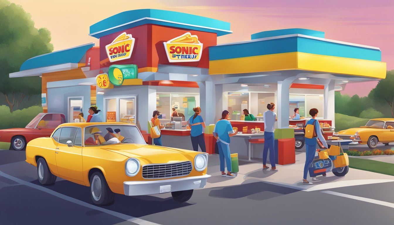 A bustling 24-hour Sonic drive-thru with colorful signage, busy staff, and customers enjoying breakfast items in their cars