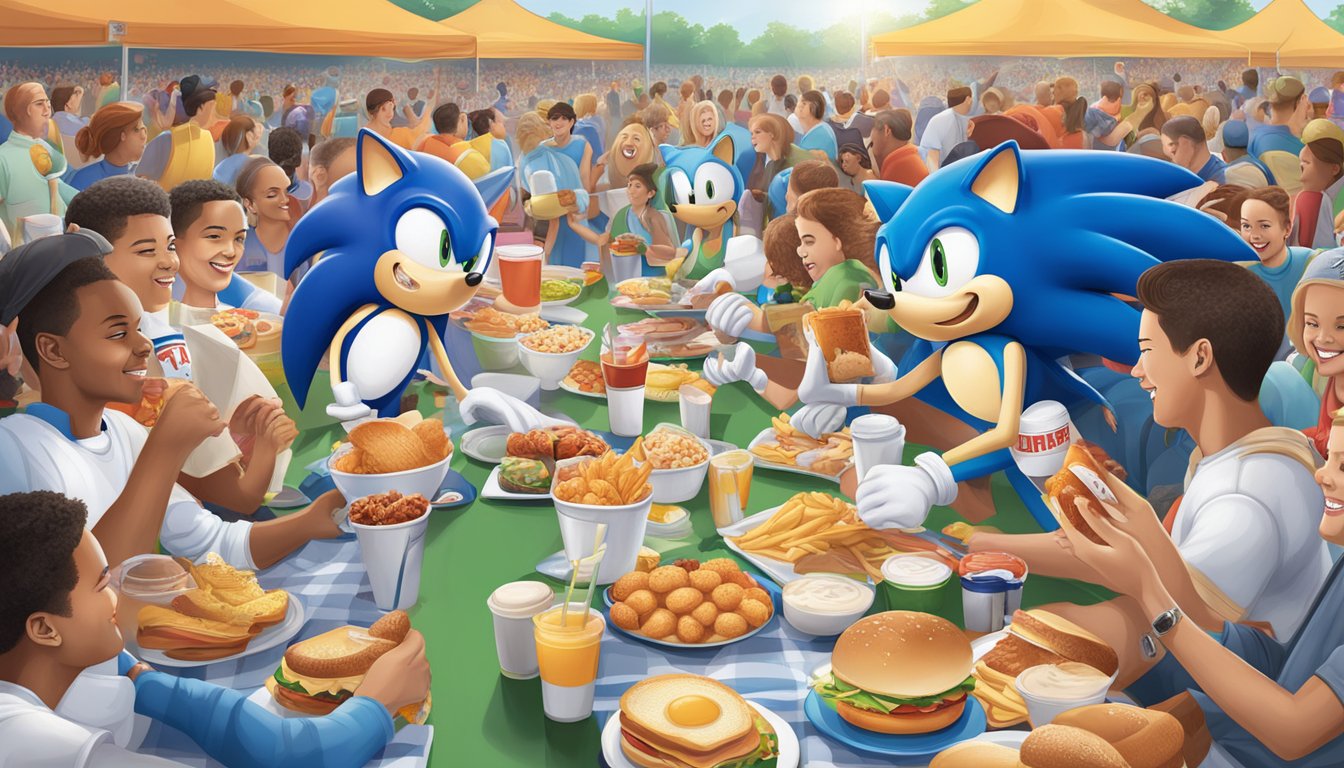 A crowded local sports event with fans enjoying Sonic's breakfast while engaging in various activities, surrounded by promotional banners and marketing materials