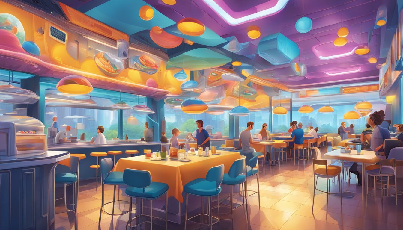 A bustling breakfast restaurant with a futuristic, Sonic-themed decor. Customers enjoy their meals while surrounded by vibrant colors and iconic imagery