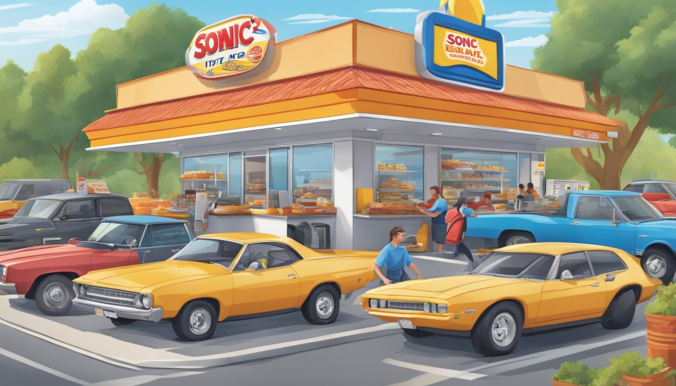 A bustling 24-hour fast food drive-thru with a Sonic's breakfast menu prominently displayed, surrounded by cars and customers