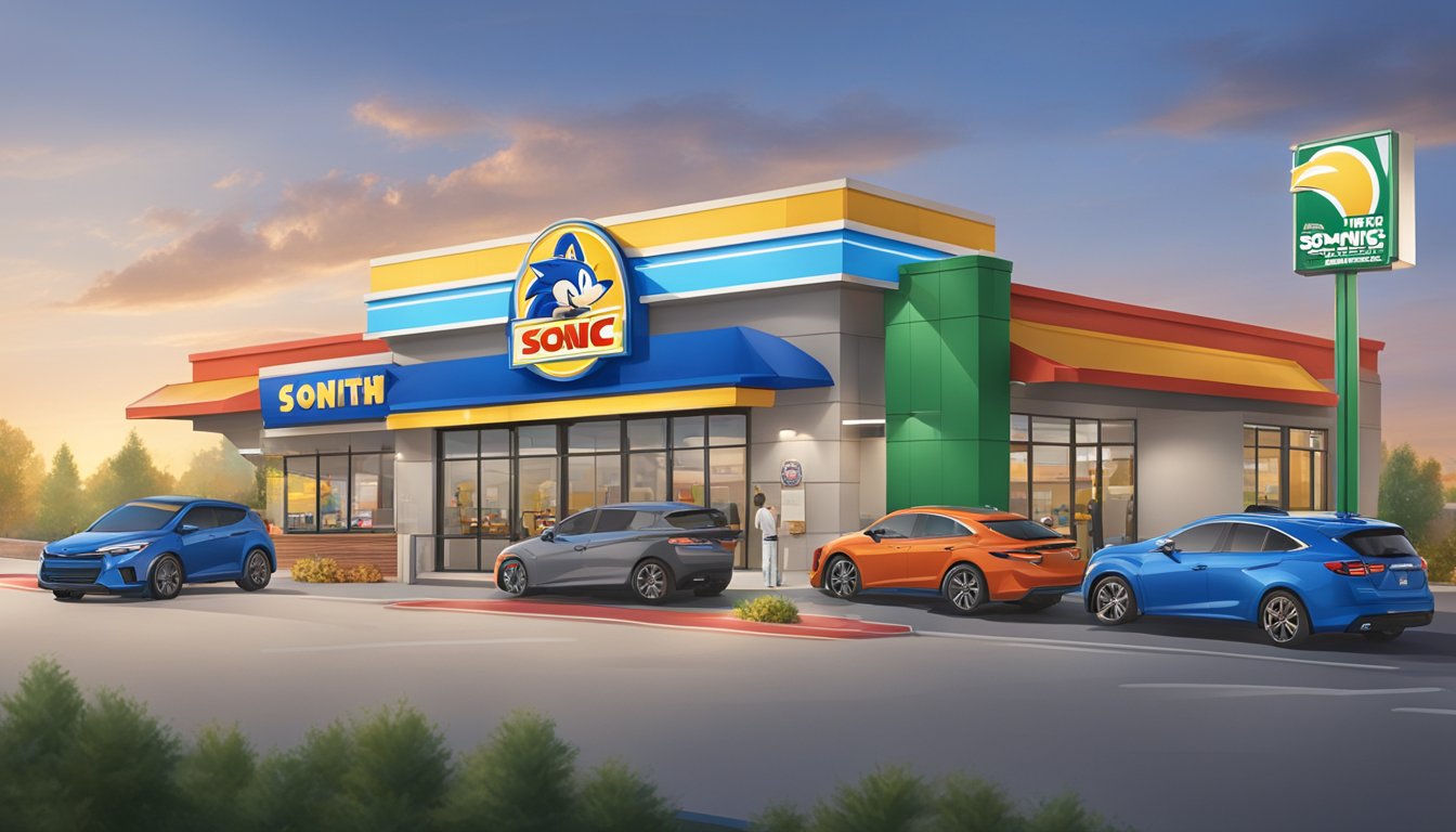 A bustling Sonic drive-thru with a line of cars and a local sports team logo displayed prominently on the building