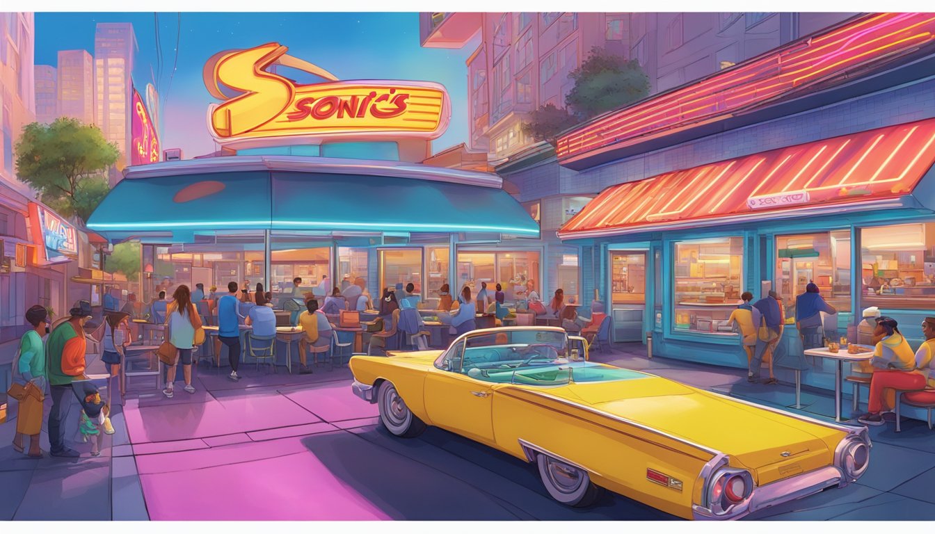 A bustling cityscape with a neon-lit Sonic's Breakfast diner at the center, surrounded by other 24-hour fast food establishments