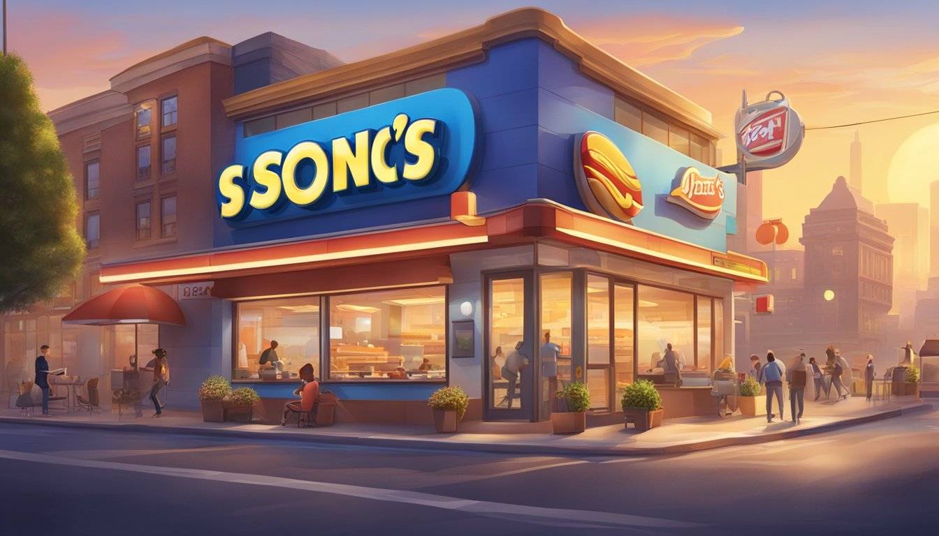 A bustling 24-hour fast food restaurant with a prominent "Sonic's Breakfast" sign, surrounded by a lively cityscape at sunrise