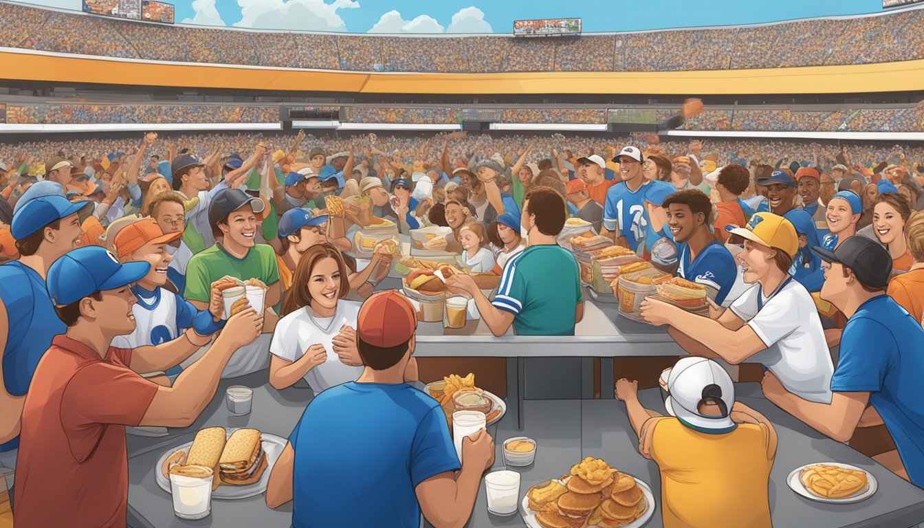 A crowded local sports event with people enjoying Sonic's breakfast items, such as breakfast burritos and sandwiches, while cheering on their favorite teams