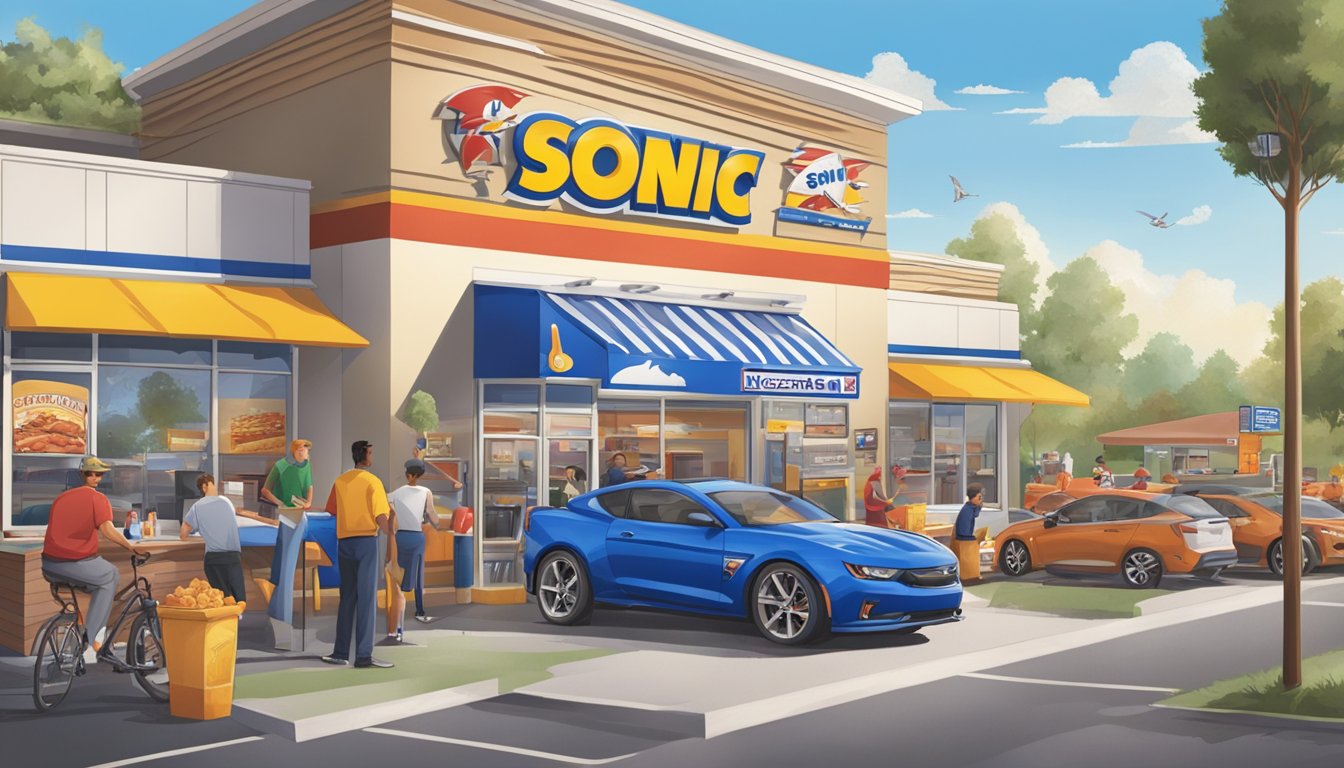 A bustling morning drive-thru at Sonic, with customers in cars and staff taking orders and preparing breakfast items. The scene is set against a backdrop of local sports team banners and memorabilia, highlighting Sonic's role in the local sports culture