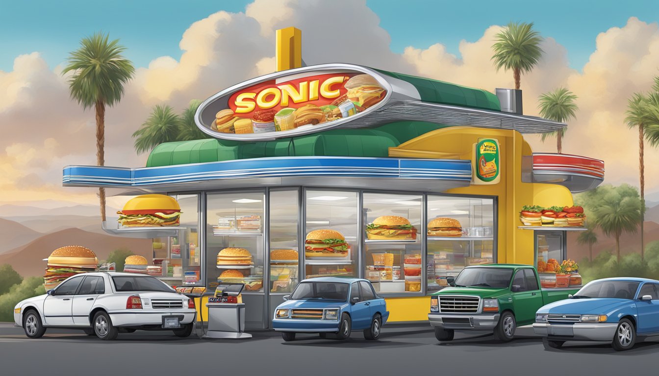 A bustling Sonic Drive-In with various international fast-food breakfast items displayed for comparison