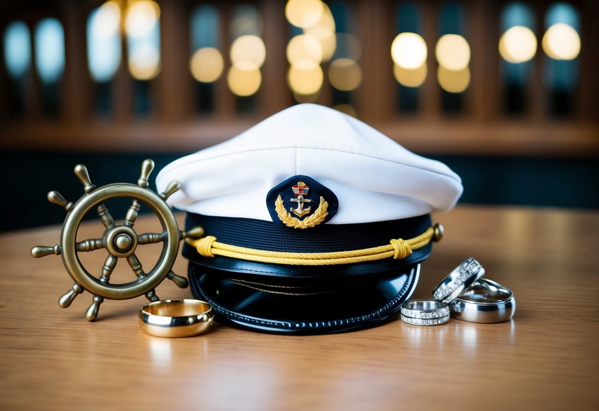 A captain's hat surrounded by wedding rings and a ship's wheel, symbolizing the tradition of captains being allowed to marry
