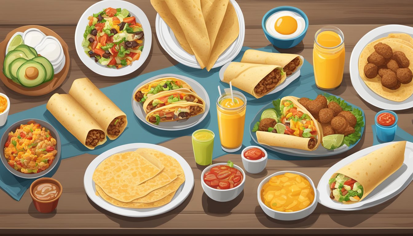 A table set with a variety of breakfast burritos, accompanied by international fast-food breakfast items