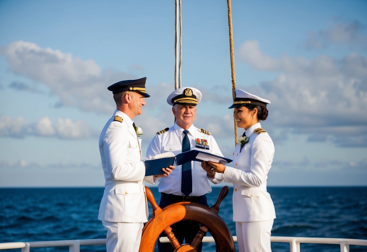 A ship captain stands at the helm, officiating a wedding ceremony between two crew members amidst the backdrop of the open sea