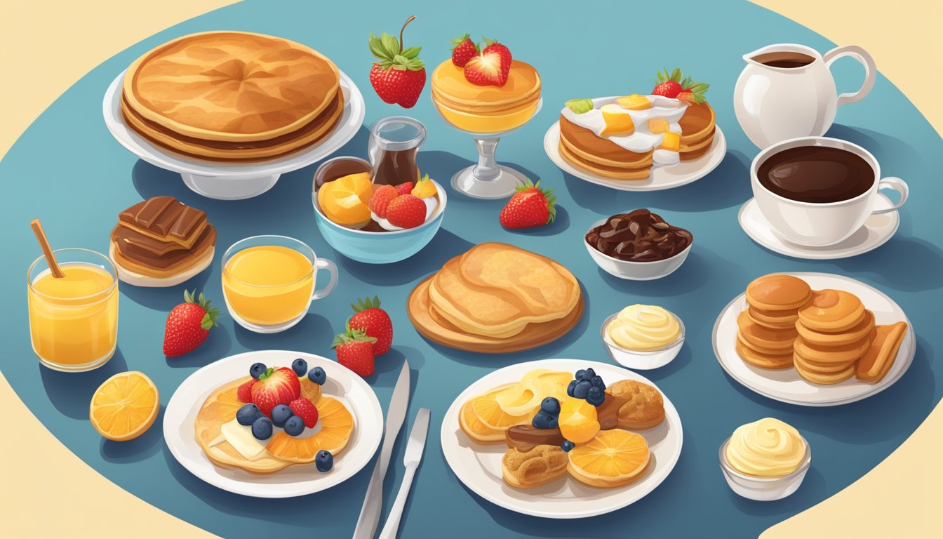 A table spread with a variety of sweet breakfast treats from different countries, including pastries, pancakes, and fruit