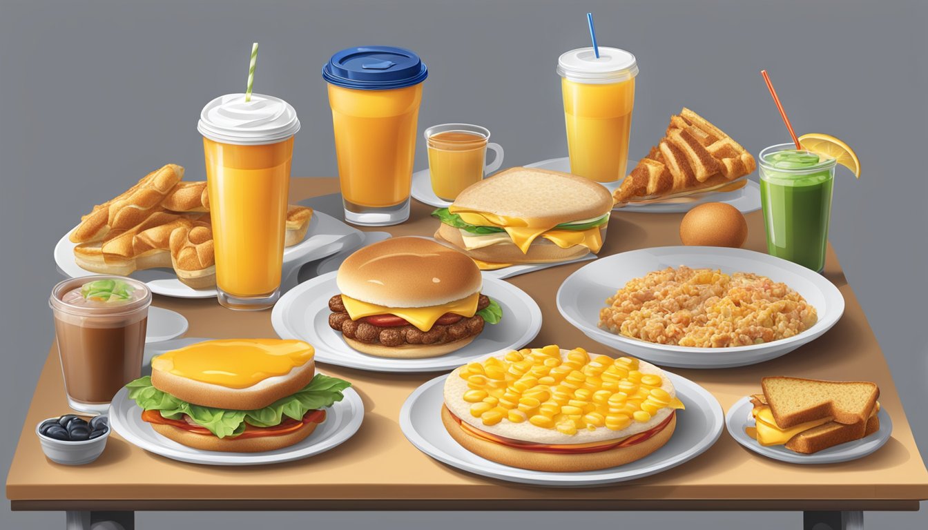 A table with various breakfast items from Sonic and international fast-food chains, including coffee, juice, and breakfast sandwiches