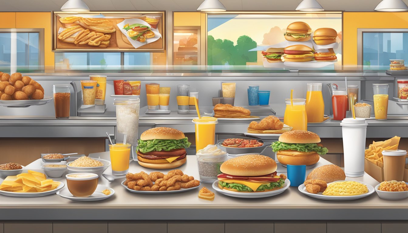 A bustling breakfast scene with diverse international fast-food items displayed next to Sonic's breakfast offerings