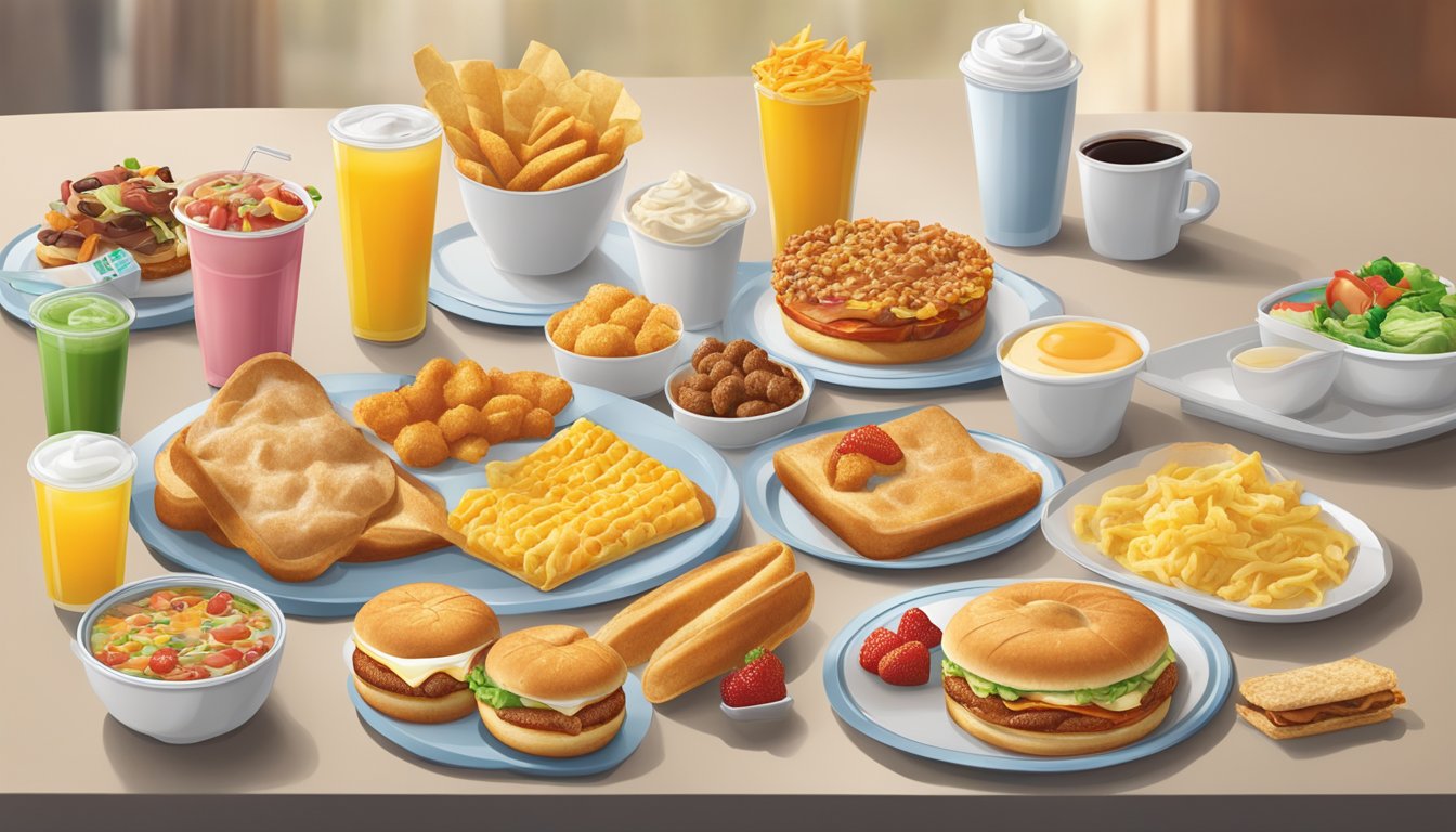 A table with breakfast items from Sonic and various international fast-food chains, arranged for comparison