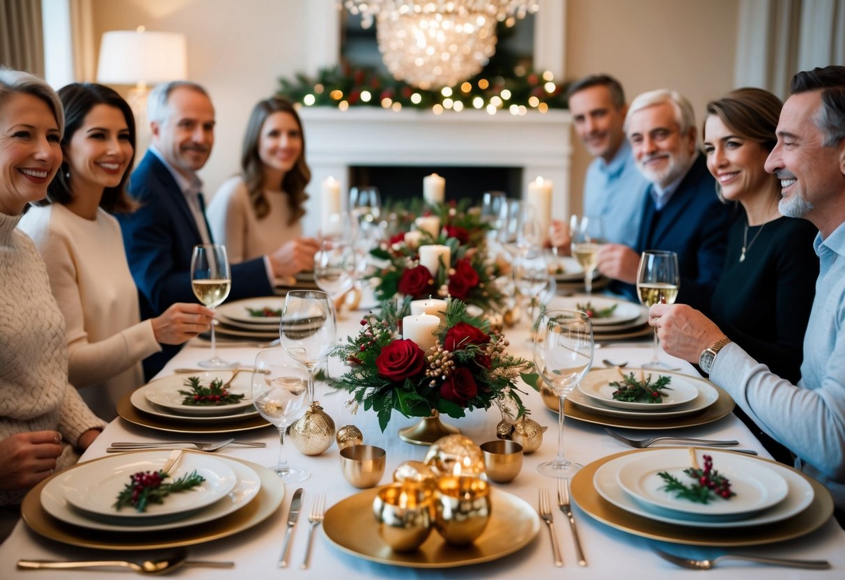 A table set with elegant dinnerware and decorations, surrounded by family and friends, with a festive and celebratory atmosphere